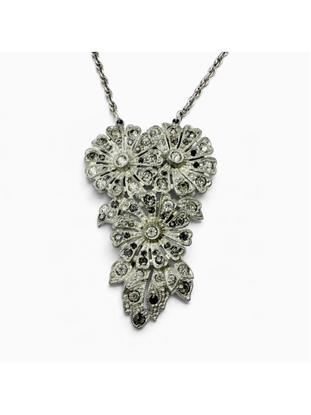 Vintage Art Deco Floral Paste Necklace, Ornate Silver Tone Statement Pendant